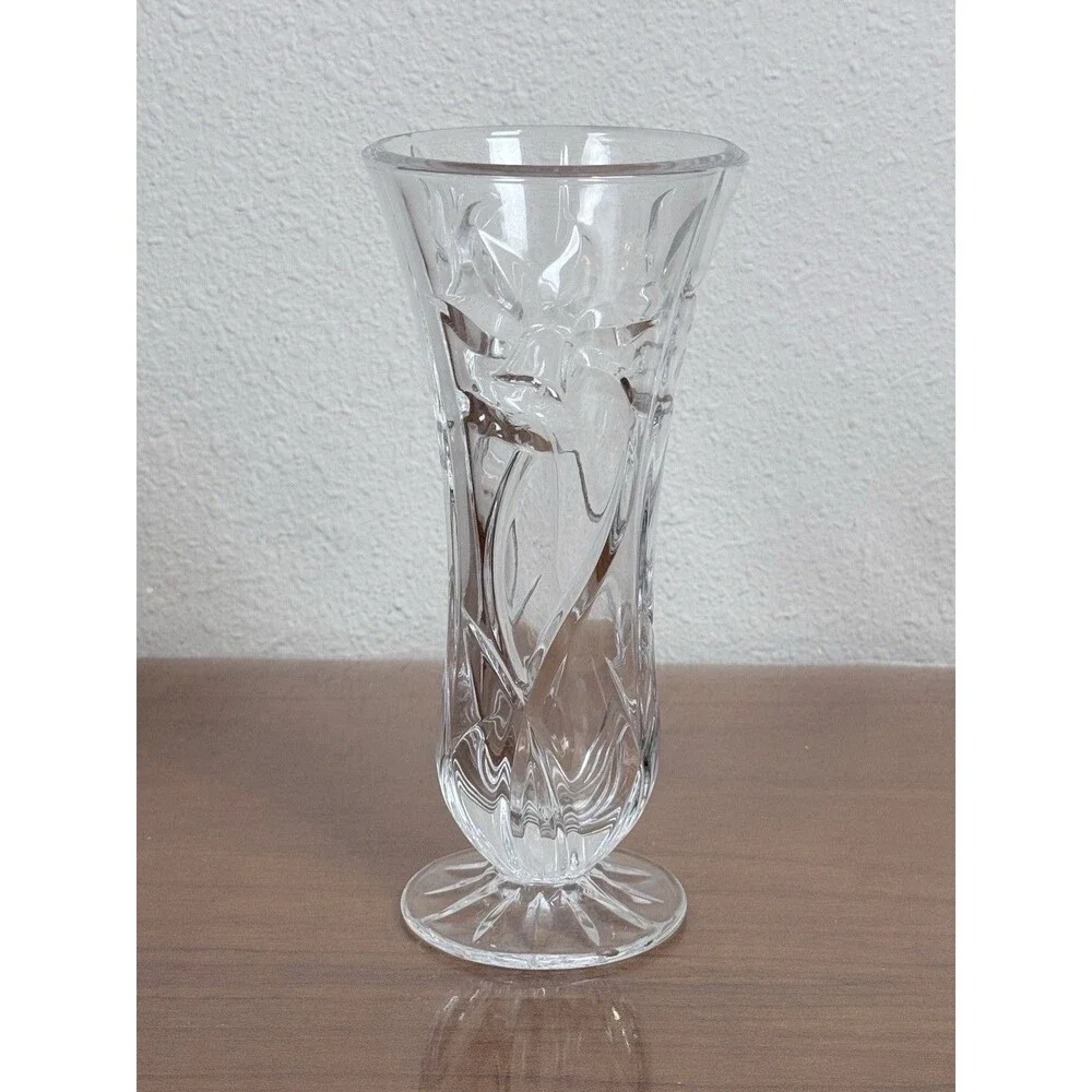 Vintage De Plomb Clear Crystal Vase Embossed Daffodil Butterfly Footed 8